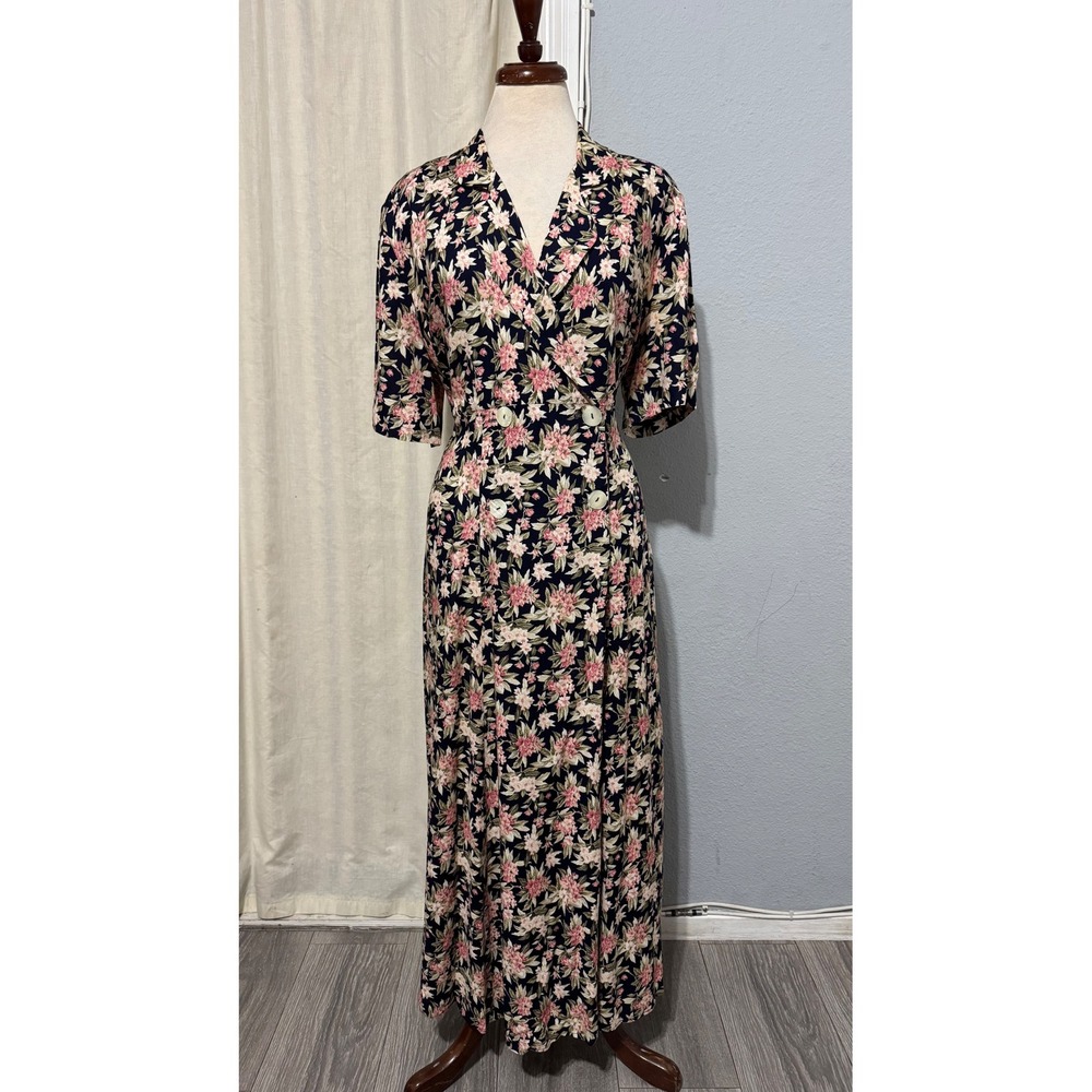 Betsy's Things Vintage 90s Floral Maxi Dress XL Navy Double Breasted Cottagecore - Picture 3 of 16